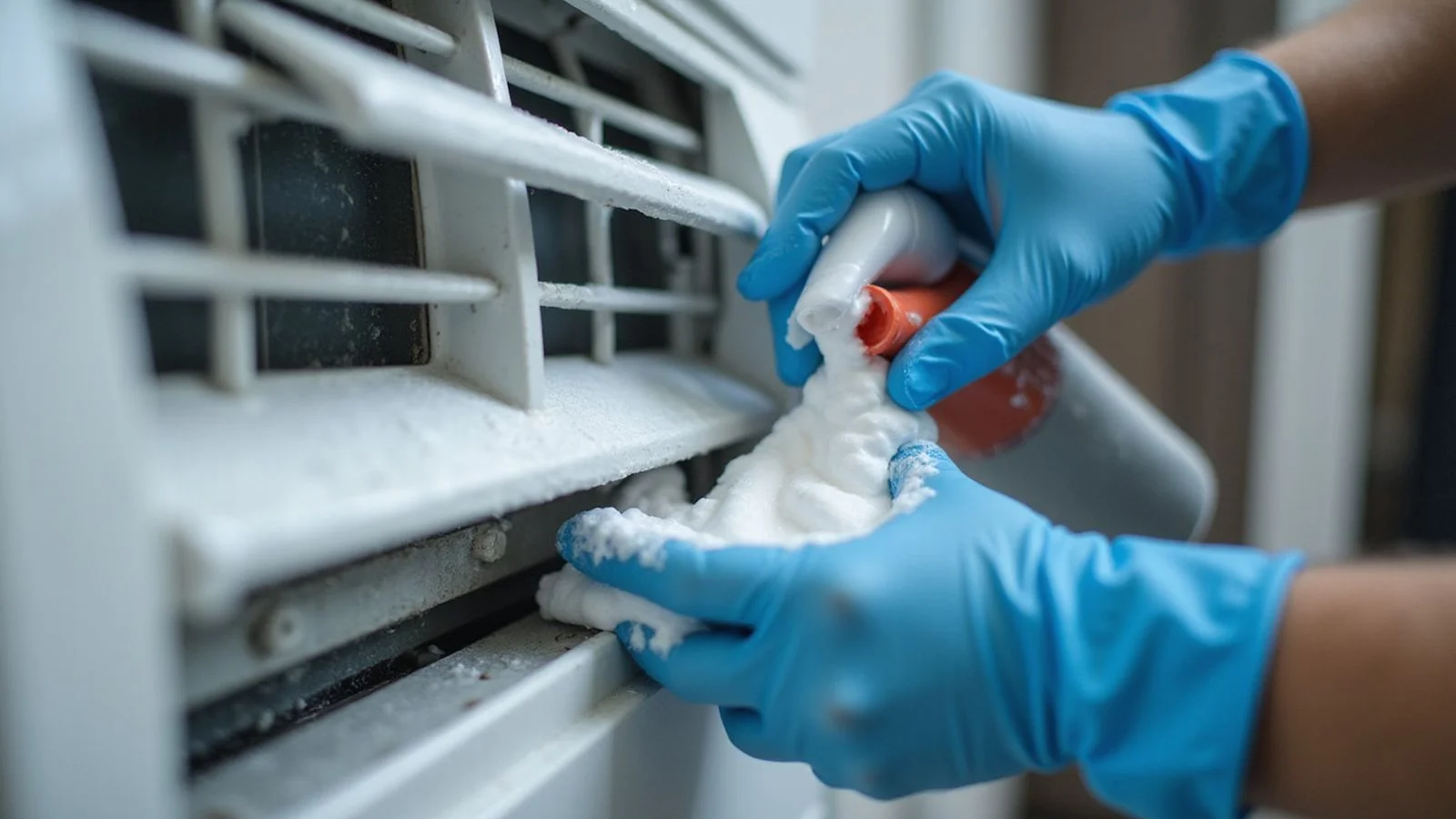 Aircond evaporator coils being treated with chemical cleaner foam by gloved technician hands
