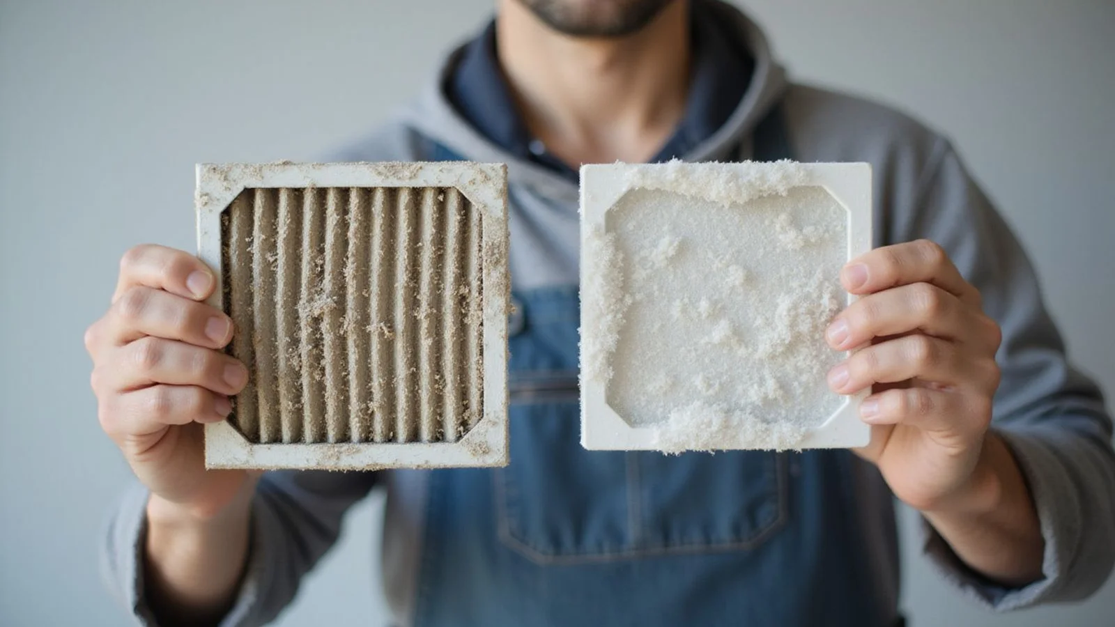 Aircond filter showing a year's accumulated dust held next to a clean replacement filter