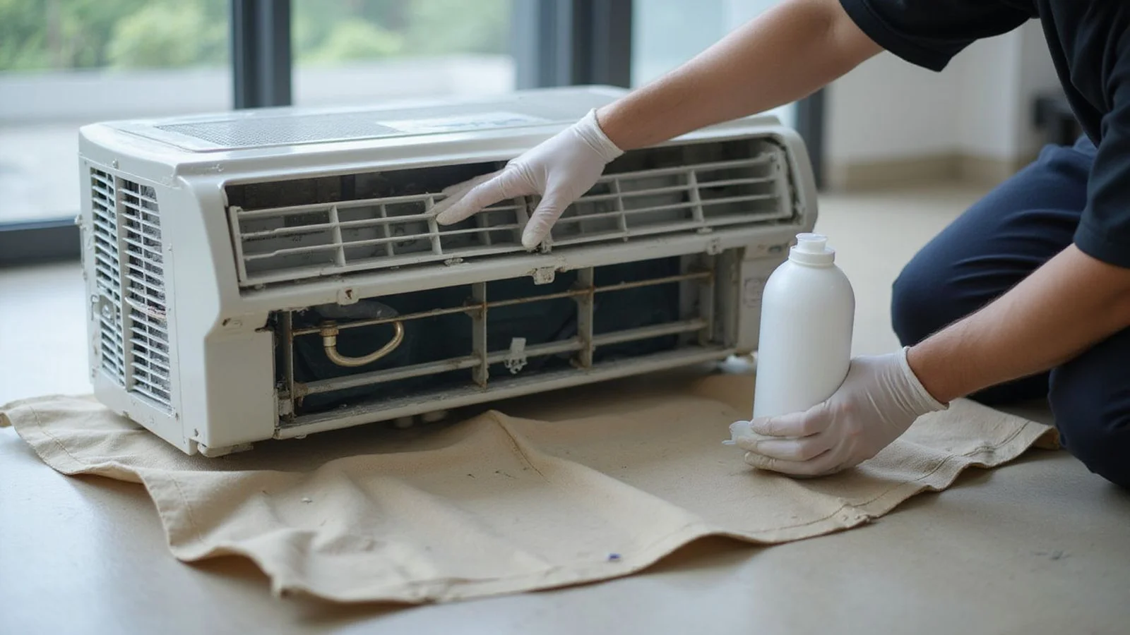 Aircond indoor unit fully dismantled on protective wash bag, technician applying chemical cleaner to coils