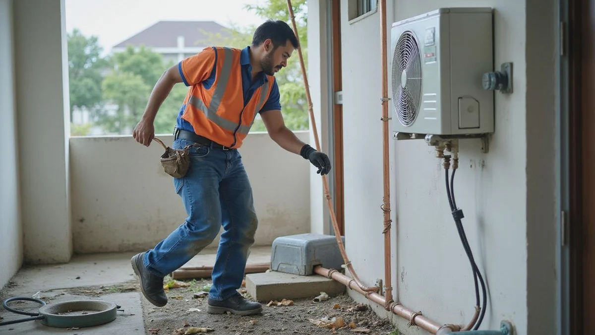 AMg Aircond technician installing new Daikin inverter unit at a Petaling Jaya condo with clean copper piping along service yard