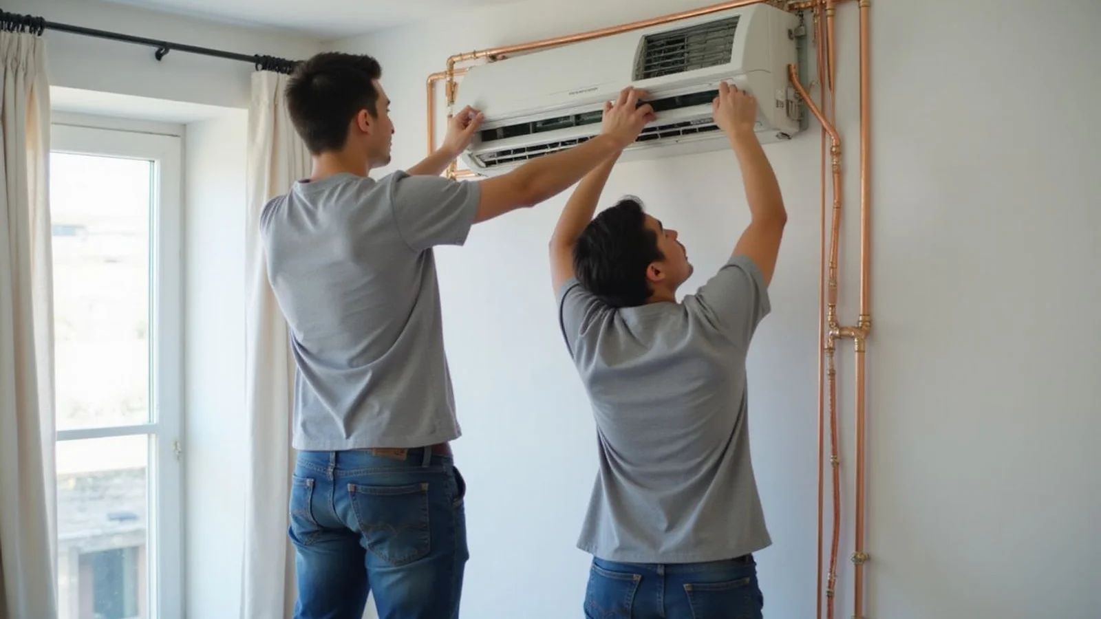 Aircond installation in progress with technician mounting indoor unit and another running copper piping