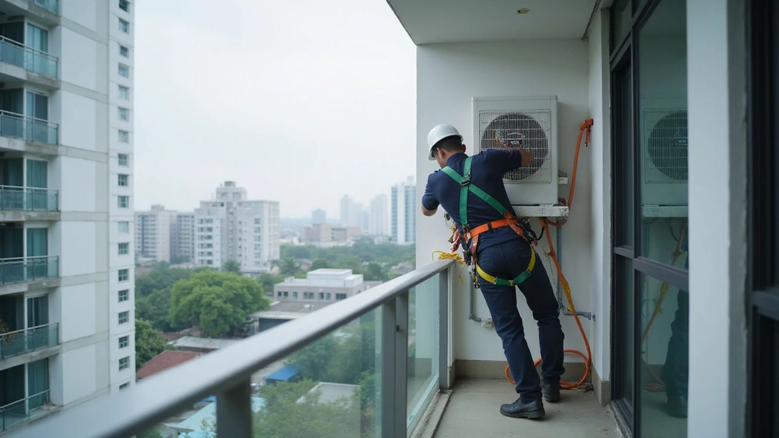 Aircond outdoor unit being installed on a high-rise condo ledge with safety-harnessed technician