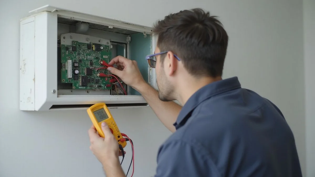 AMg Aircond technician diagnosing a split unit PCB with multimeter probes in Petaling Jaya