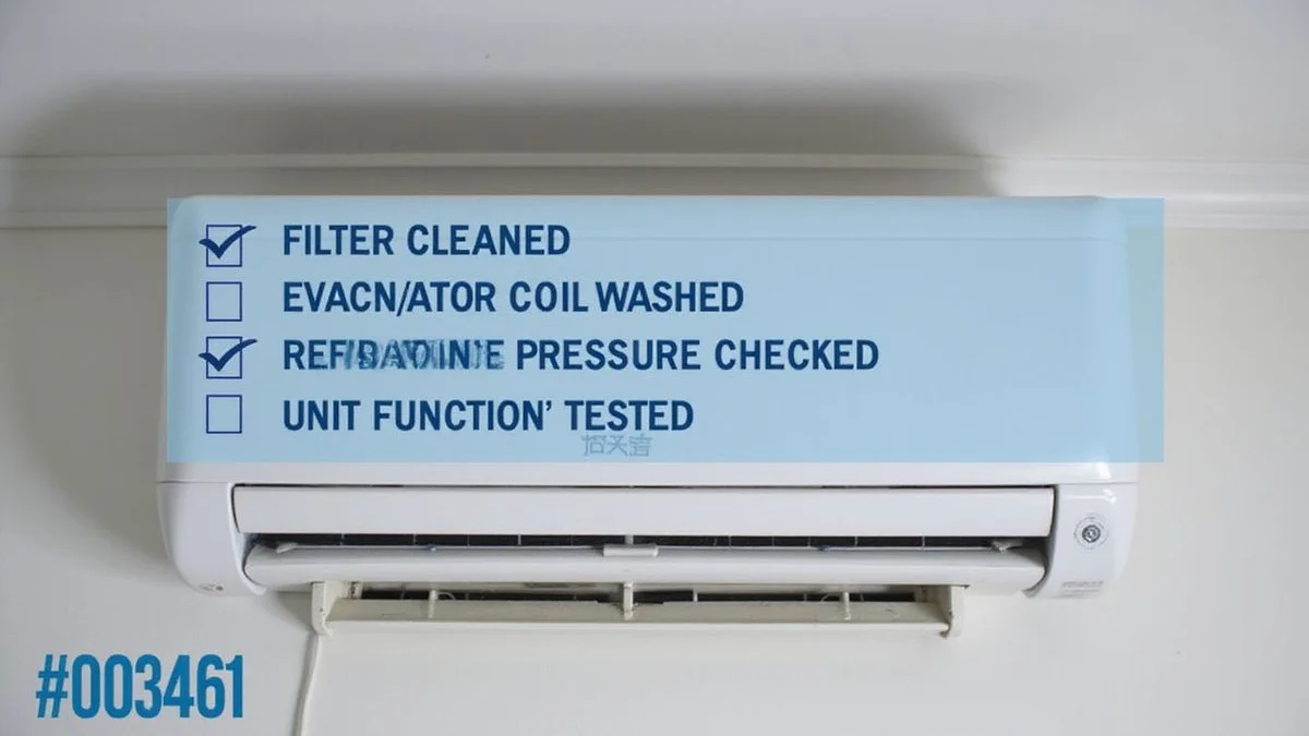 Service checklist overlay on a photo of a freshly serviced indoor unit