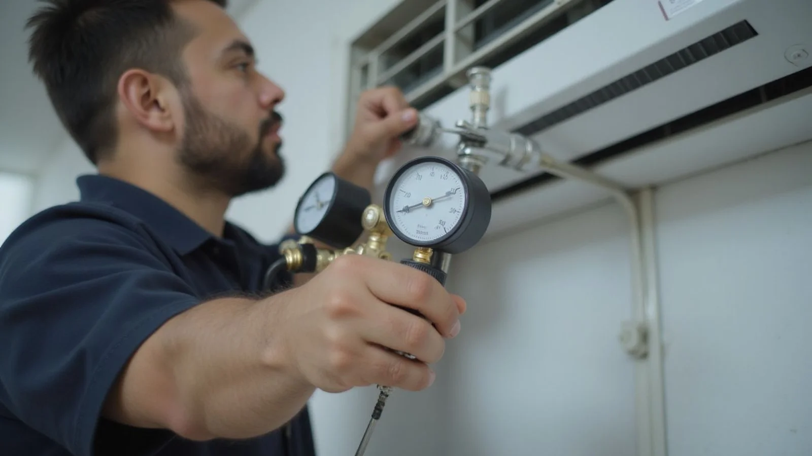 Service technician holding a manifold gauge to check refrigerant pressure on a serviced wall-unit aircond