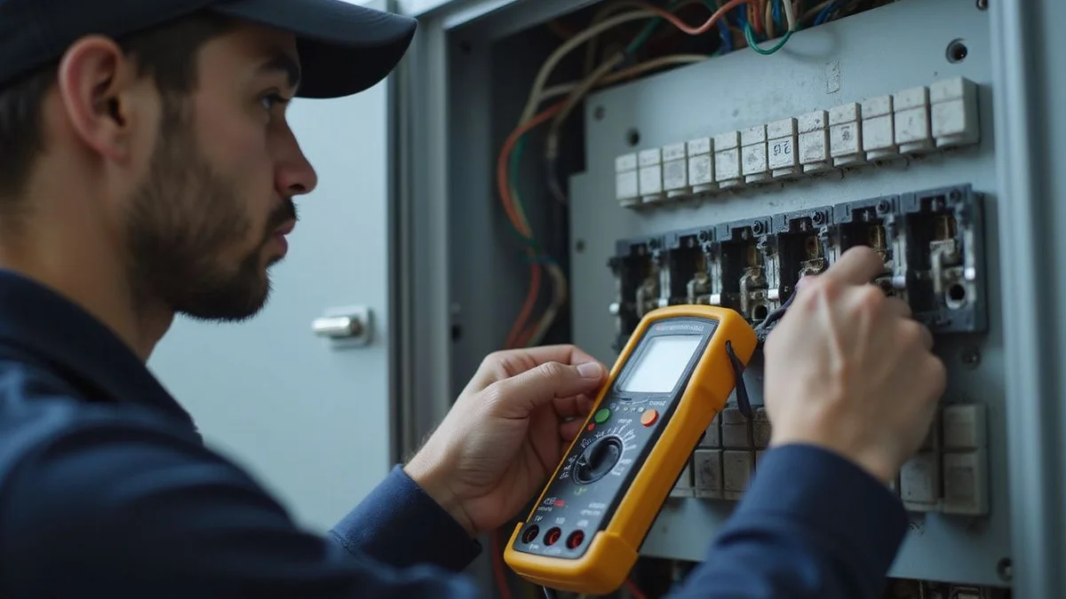 AMg technician measuring compressor start-up current at DB board in PJ terrace house