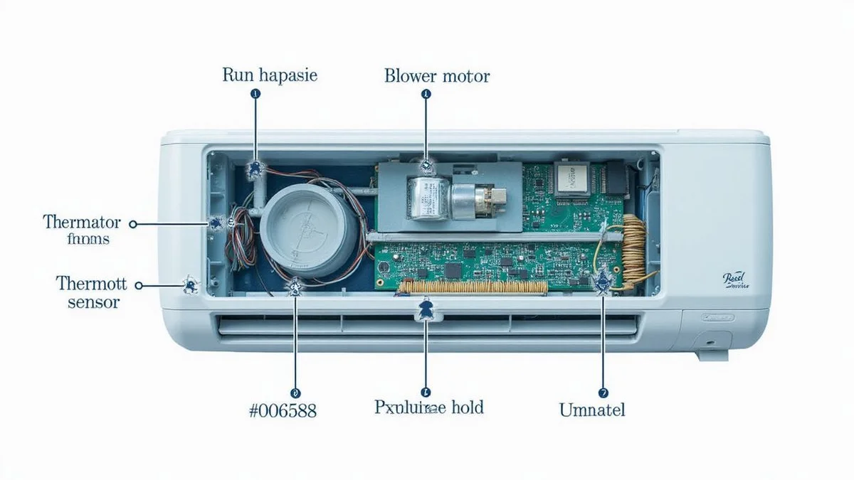 Annotated diagram of aircond internals labelling 5 commonly-failing parts