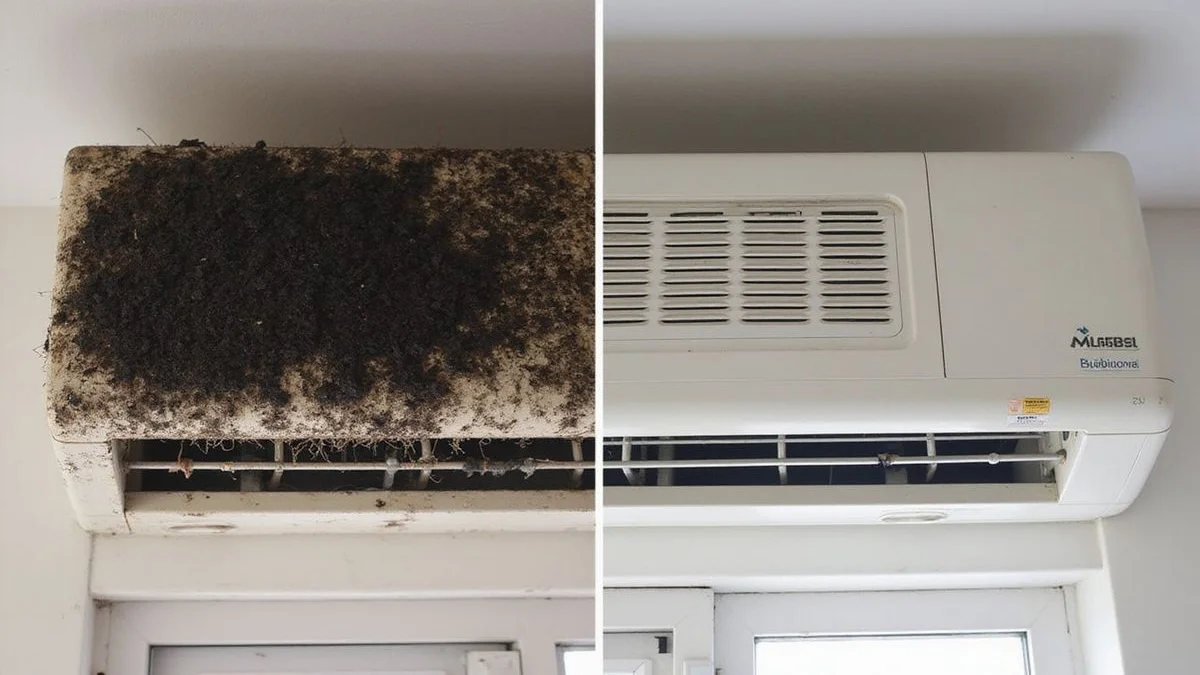 Before-and-after comparison: dirty mouldy coil vs clean shiny coil after chemical overhaul