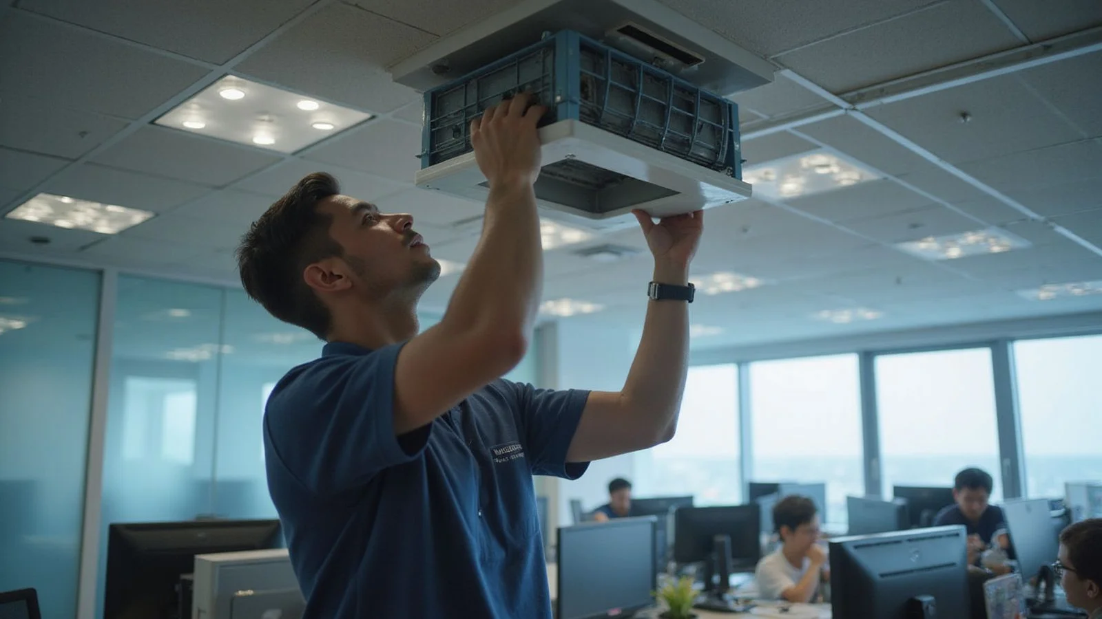 Cassette aircond being serviced in a PJ office with workstations visible and after-hours lighting