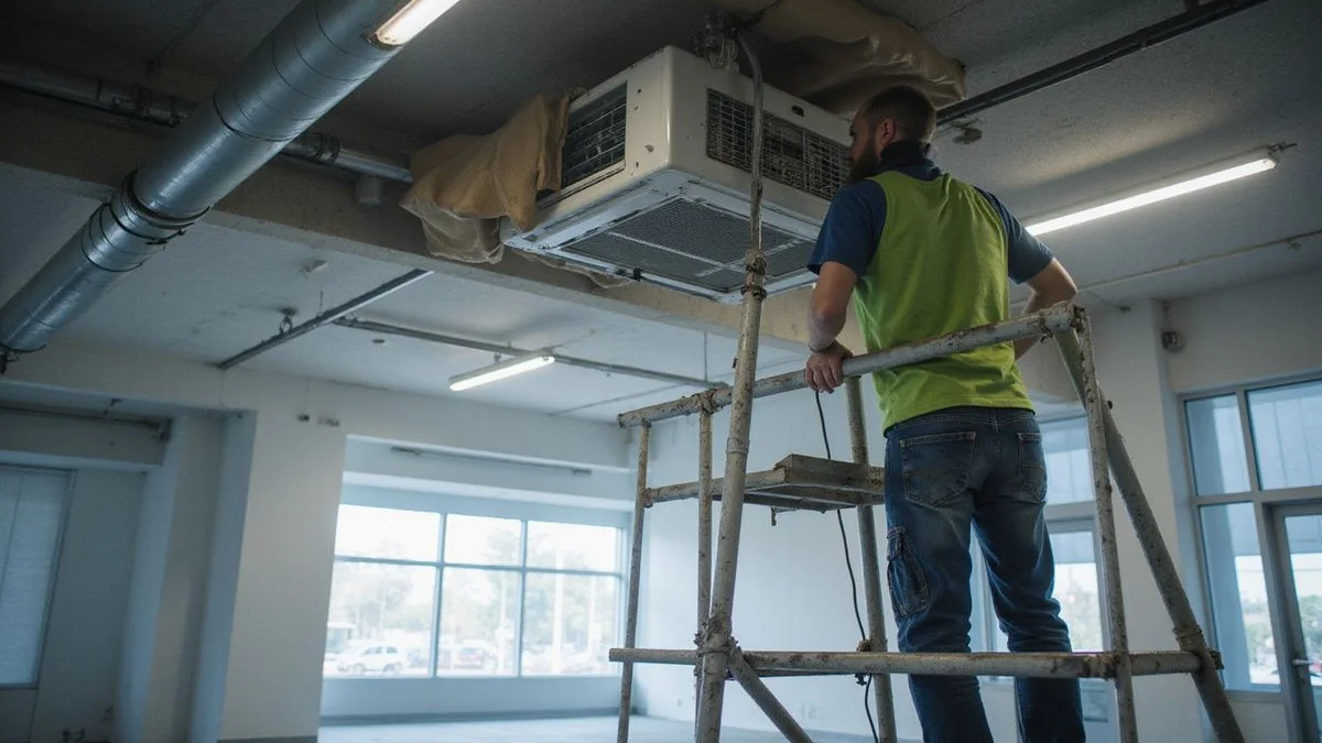 AMg Aircond technician performing cassette unit chemical wash in Petaling Jaya office with protective canvas cover and scaffolding