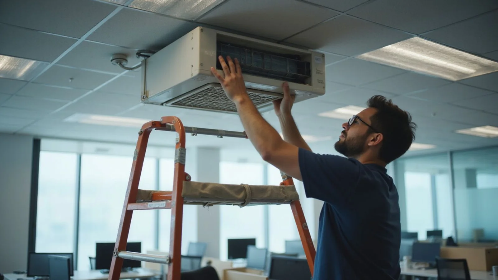 Ceiling cassette aircond being serviced from scaffolding with technician and canvas wash bag in an office