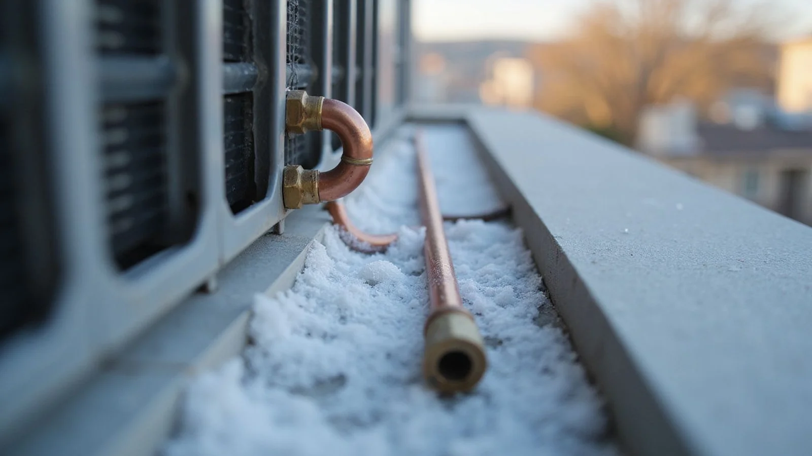Close-up of ice forming on aircond copper line outside the unit, a clear sign of low refrigerant
