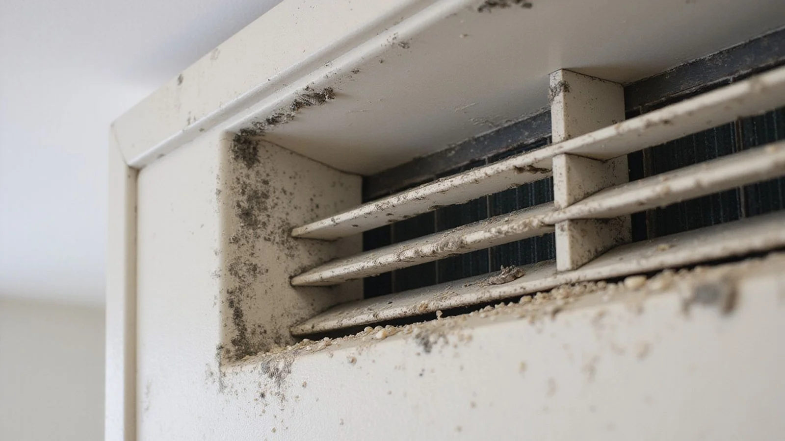 Close-up of mouldy black biological growth on aircond louvers showing why overhaul is needed