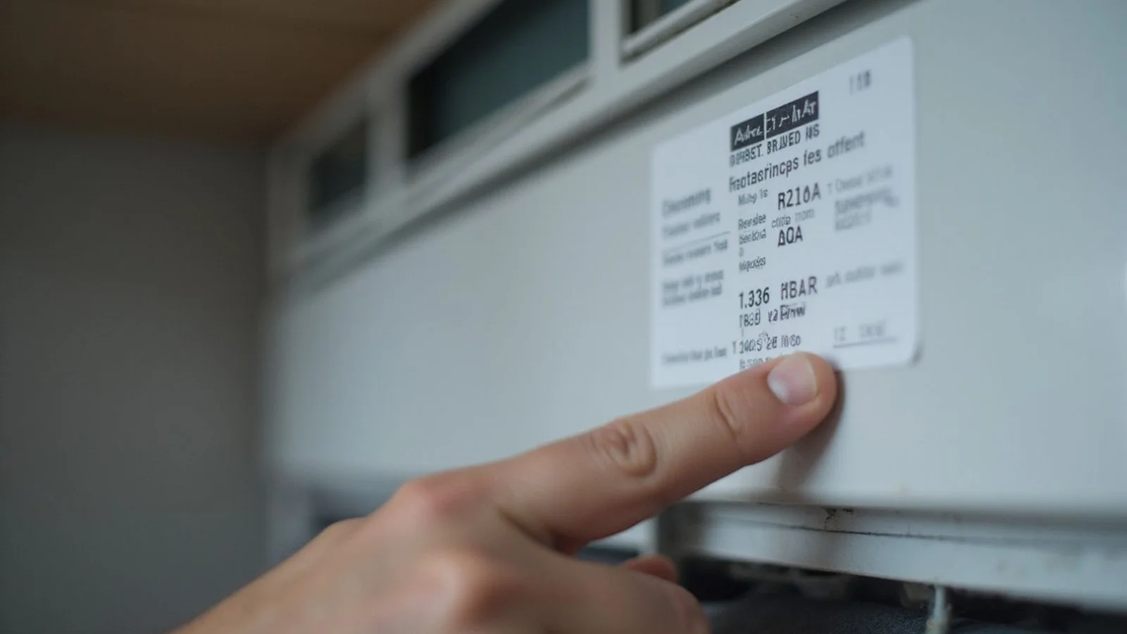 Close-up of refrigerant label on aircond indoor unit with hand pointing to gas type
