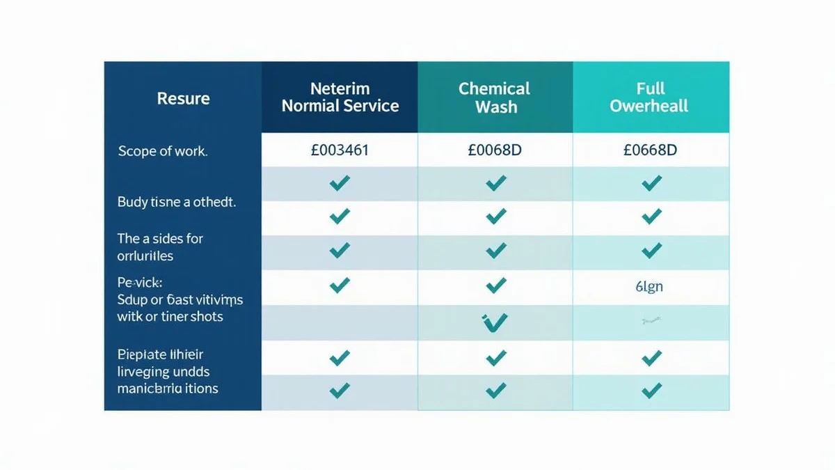 Comparison table of normal service, chemical wash, and overhaul covering scope, time, and cost