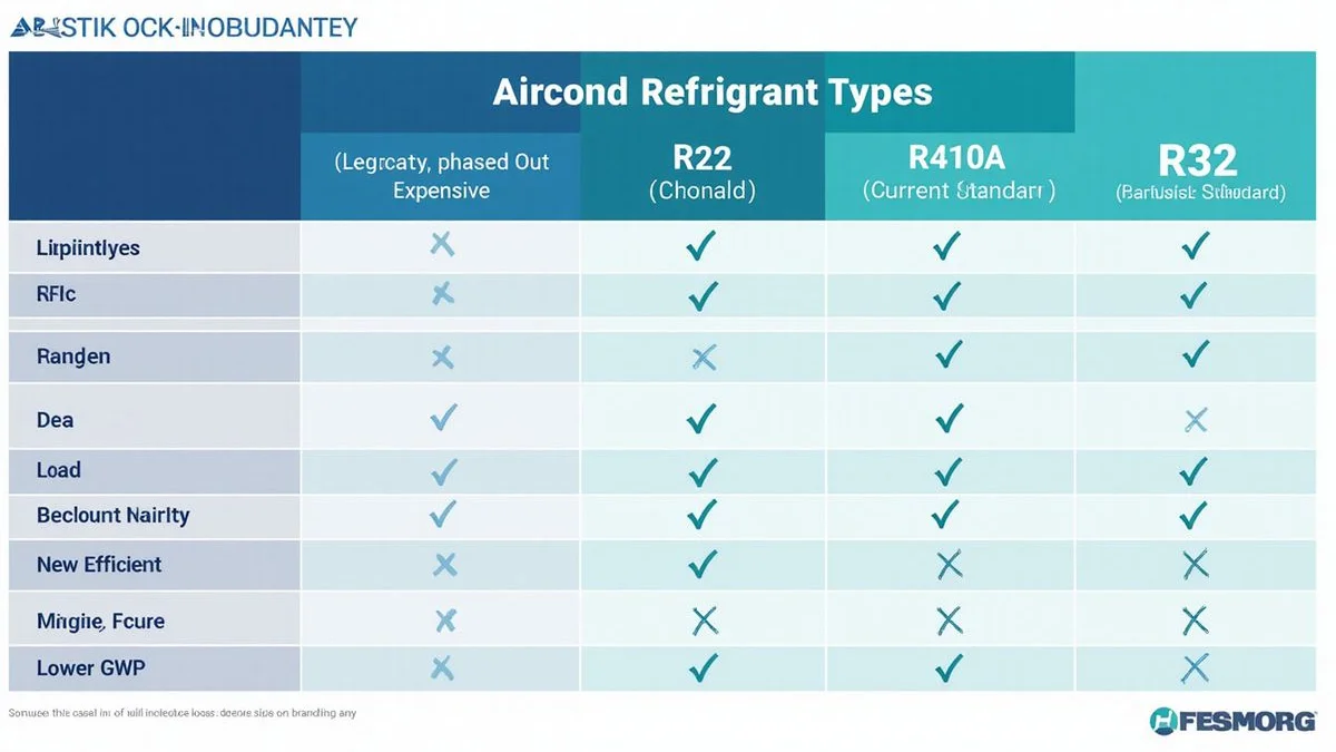 Comparison table of R22 vs R410A vs R32 covering era, cost, availability, and GWP