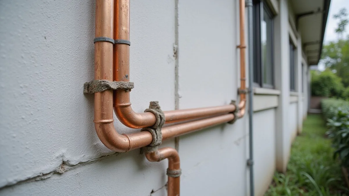 Condo balcony with neatly-routed copper aircond piping along service yard wall