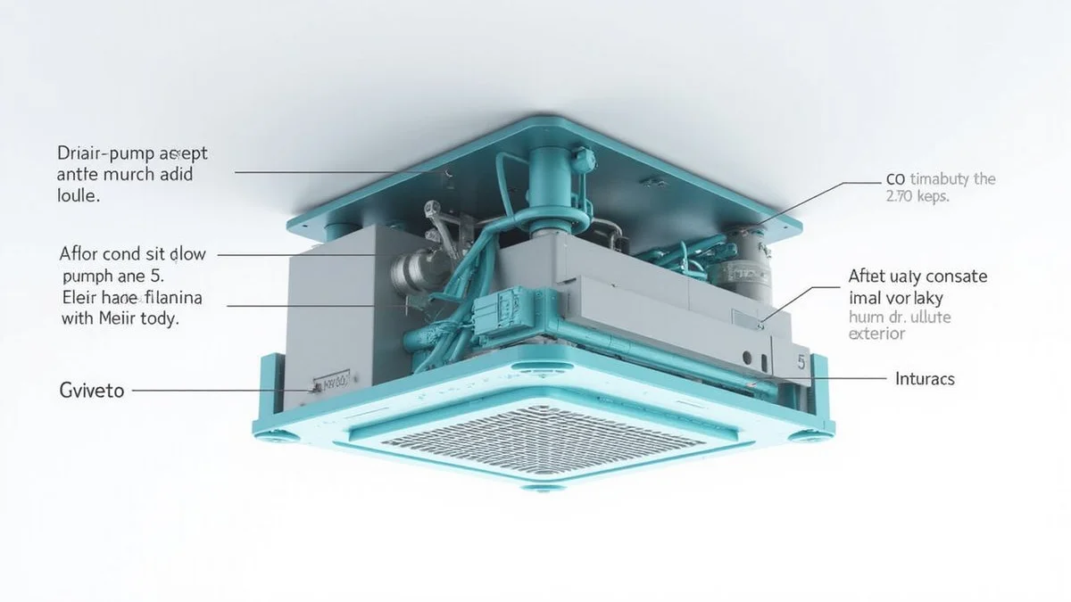 Cutaway diagram of cassette unit highlighting drain pump, float switch, and condensate path