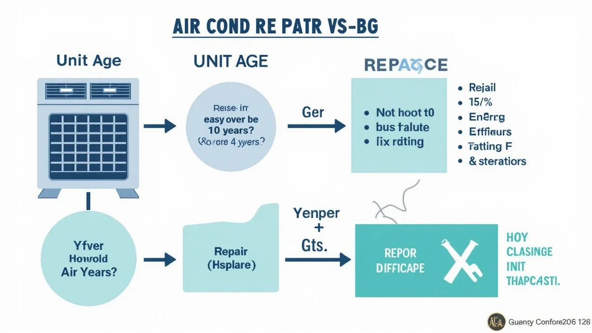 Decision flowchart based on age, repair cost, and efficiency leading to repair or replace