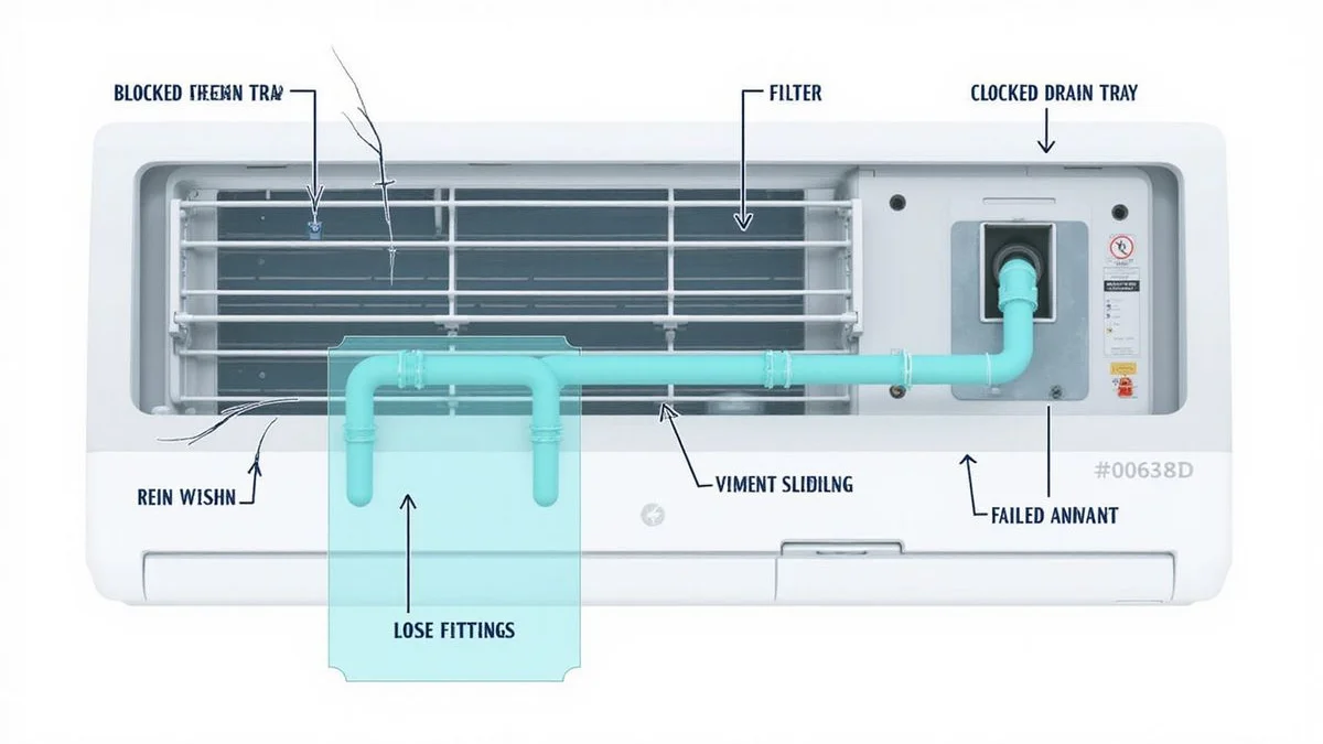 Diagram of aircond drainage path showing 5 leak-cause points