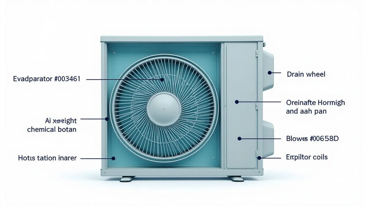 Diagram showing aircond internals labelled with chemical-wash target areas