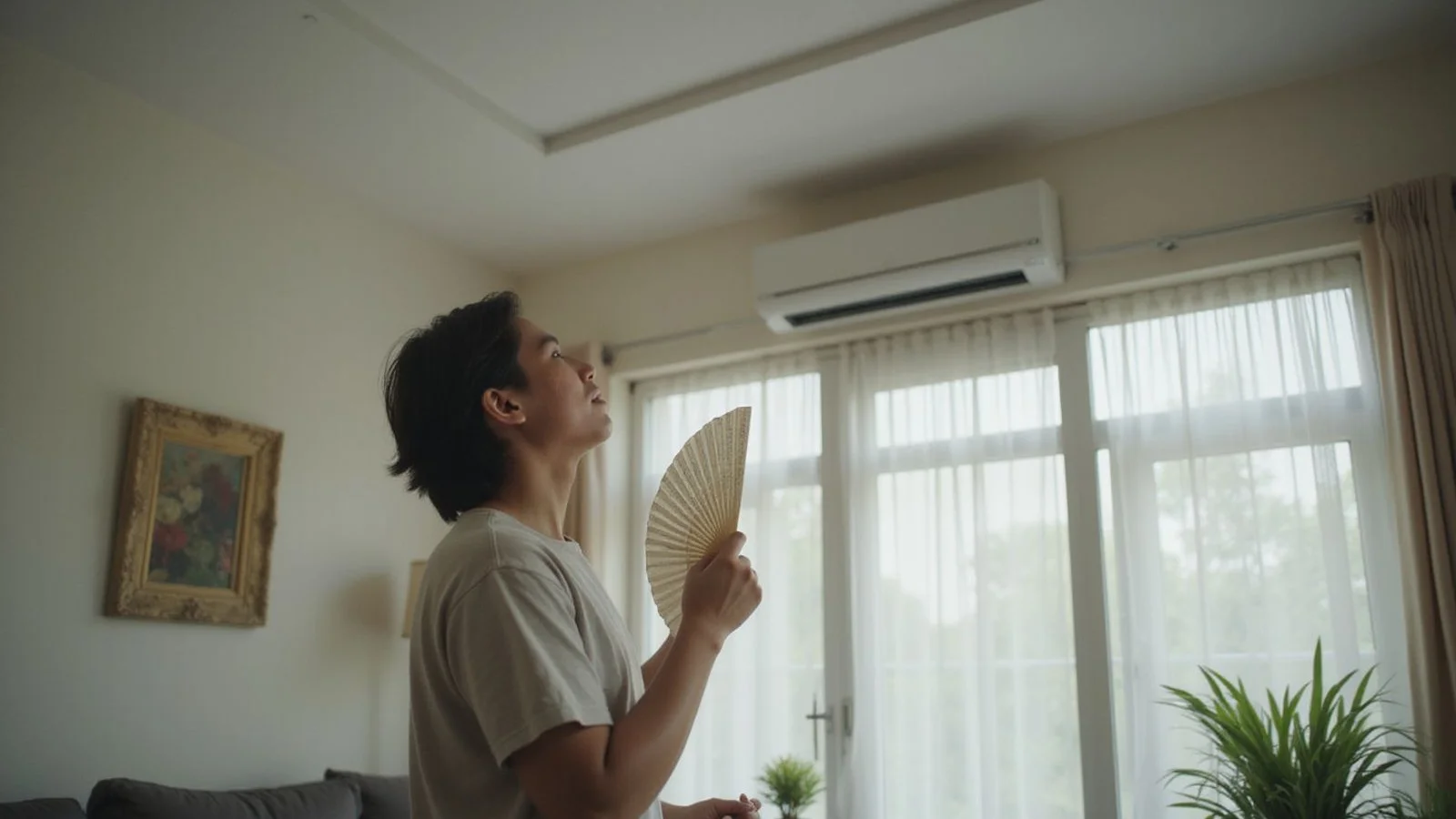 Frustrated Malaysian homeowner looking at an aircond unit blowing weak air in a hot living room