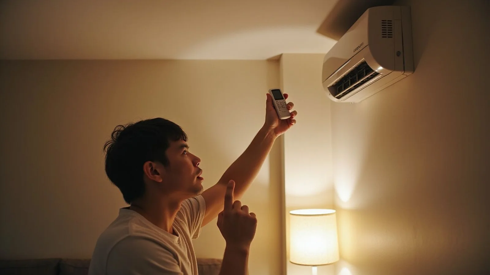 Hand holding remote in front of a running aircond blowing warm air, in a frustrated context