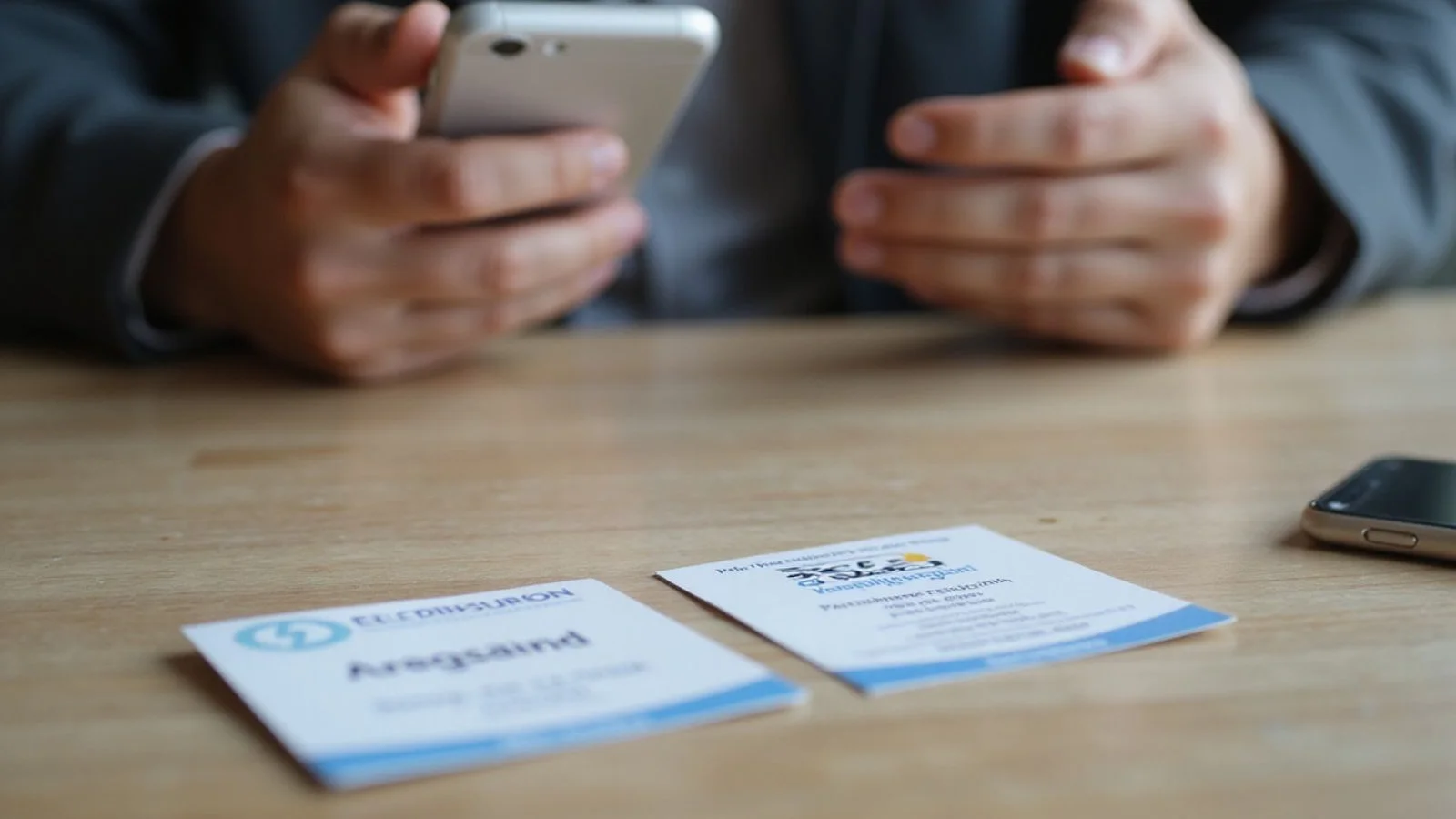 Hand on phone with two tradesperson business cards on table, in a decision-making context