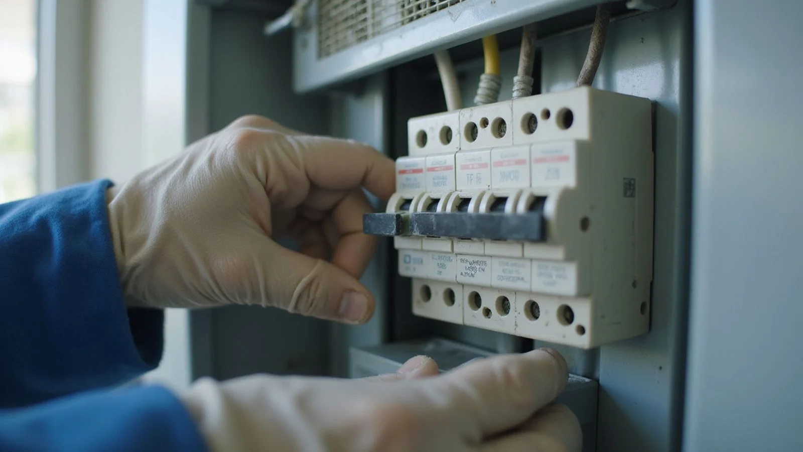 Hand resetting a tripped MCB in a Malaysian DB board with aircond outdoor unit visible nearby