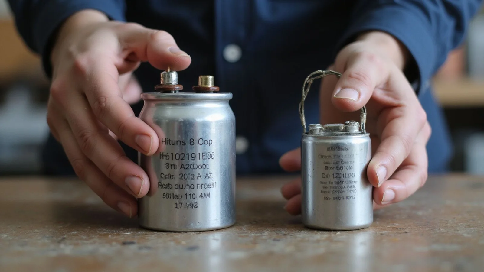 Hands holding a failed bulging aircond run capacitor next to a fresh replacement