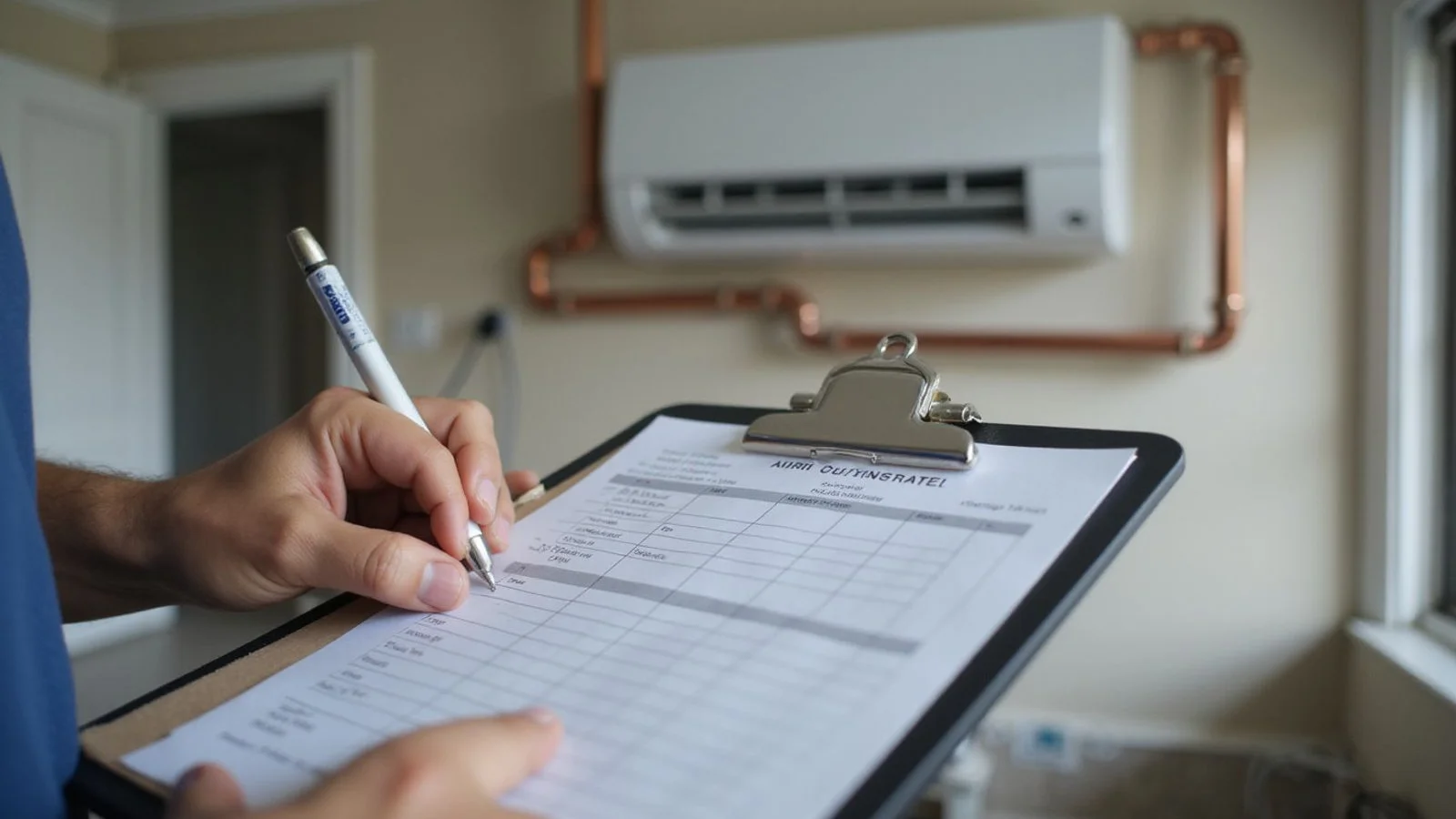Hands writing a clear aircond installation quote at a PJ home with units and piping visible
