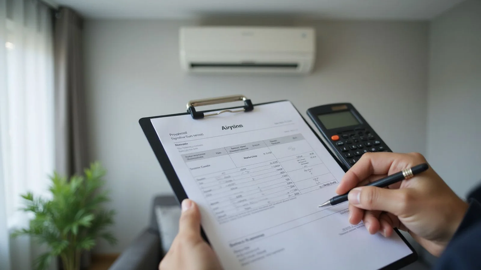 Hands writing a clear aircond service quote on a clipboard with a calculator and a wall unit visible