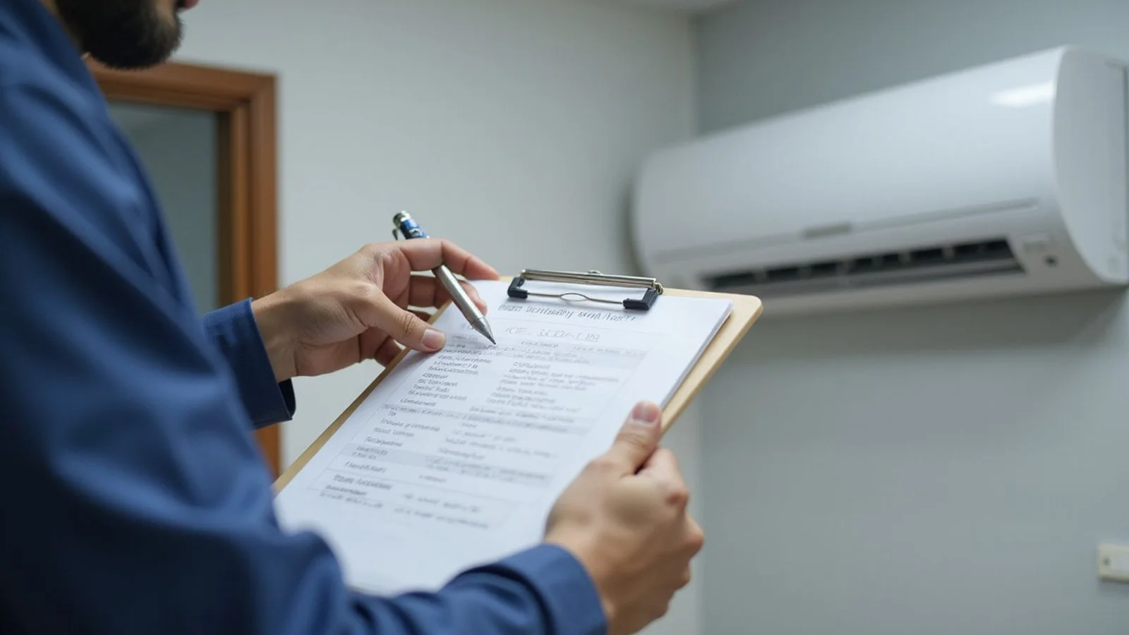 Hands writing a transparent chemical wash quote on a clipboard with an aircond visible in the background