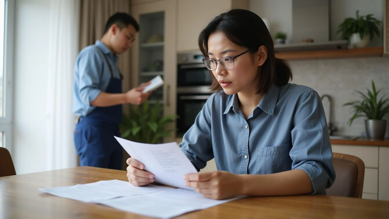 Homeowner reviewing a written aircond service quote at the kitchen table while a technician explains in the background