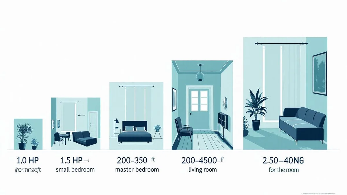 HP-to-room-size table with example rooms (bedroom, living, kitchen)