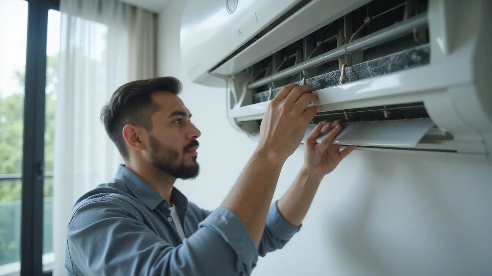 Malaysian technician inspecting clean evaporator coils on a wall-mounted aircond in a bright PJ condo