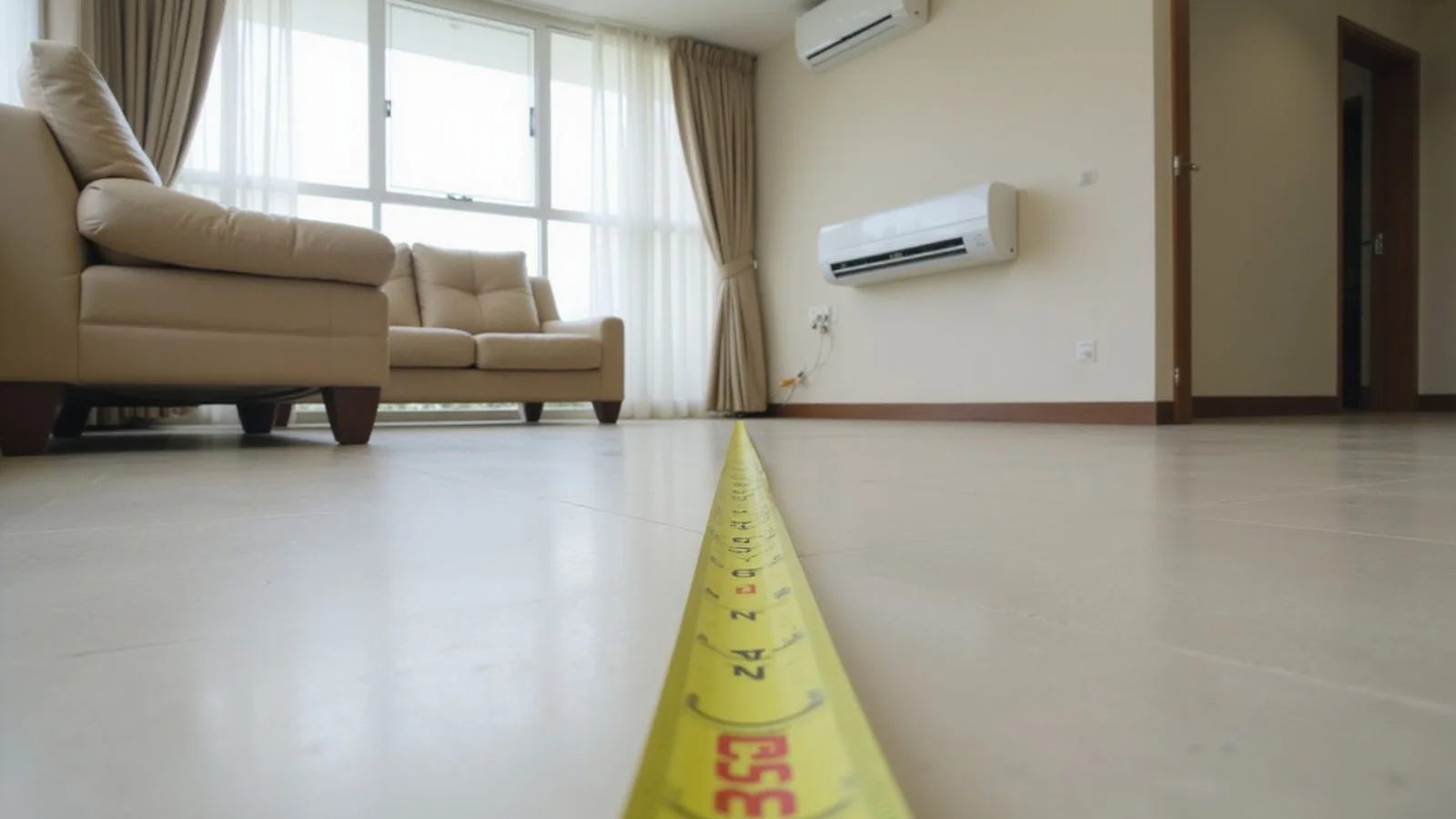 Malaysian living room with measuring tape showing room size and an aircond unit on the wall