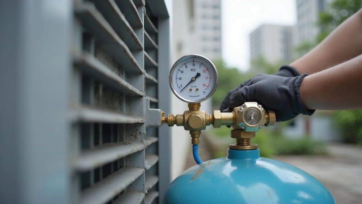 AMg Aircond technician connecting manifold gauge to outdoor unit for R32 refrigerant recharge in Petaling Jaya