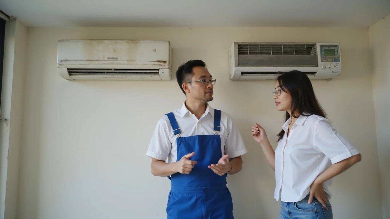 Old aircond unit beside a new inverter unit, decision-moment with technician explaining to homeowner