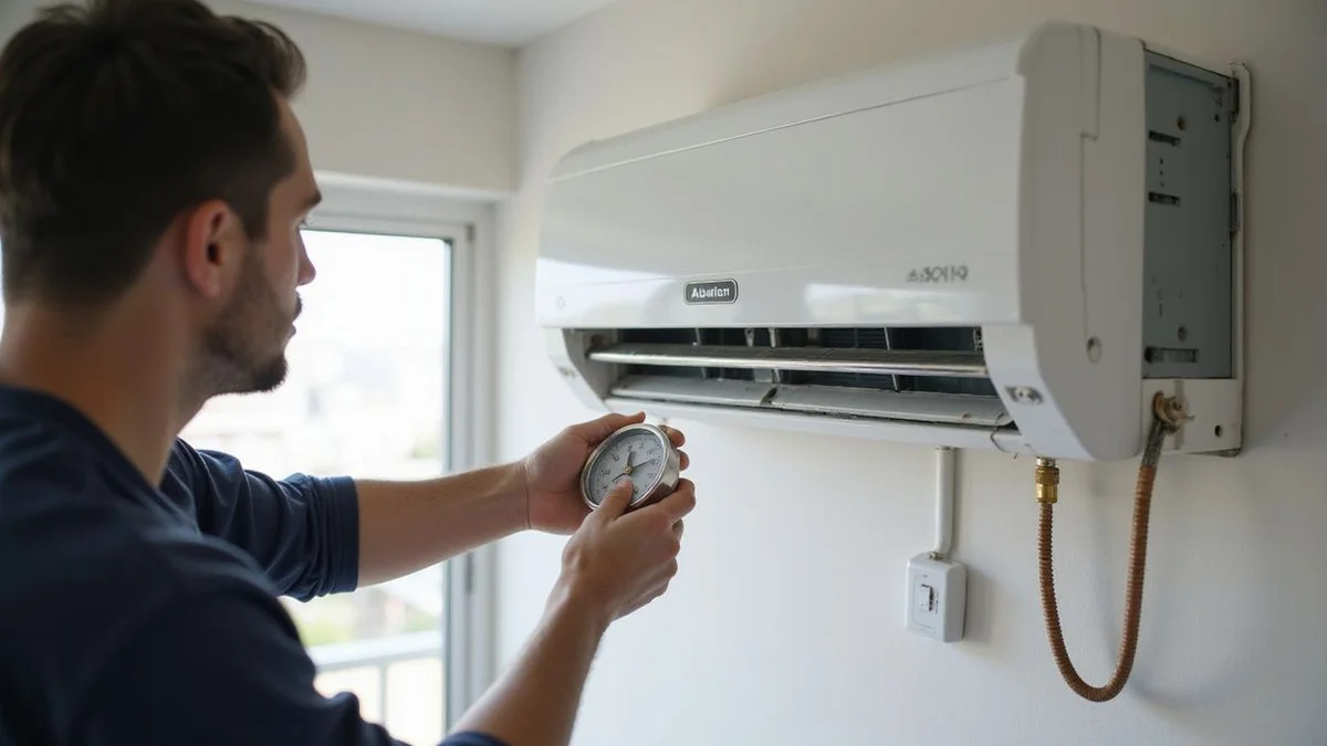 Reassembled aircond running smoothly with manifold gauge attached for the final pressure check