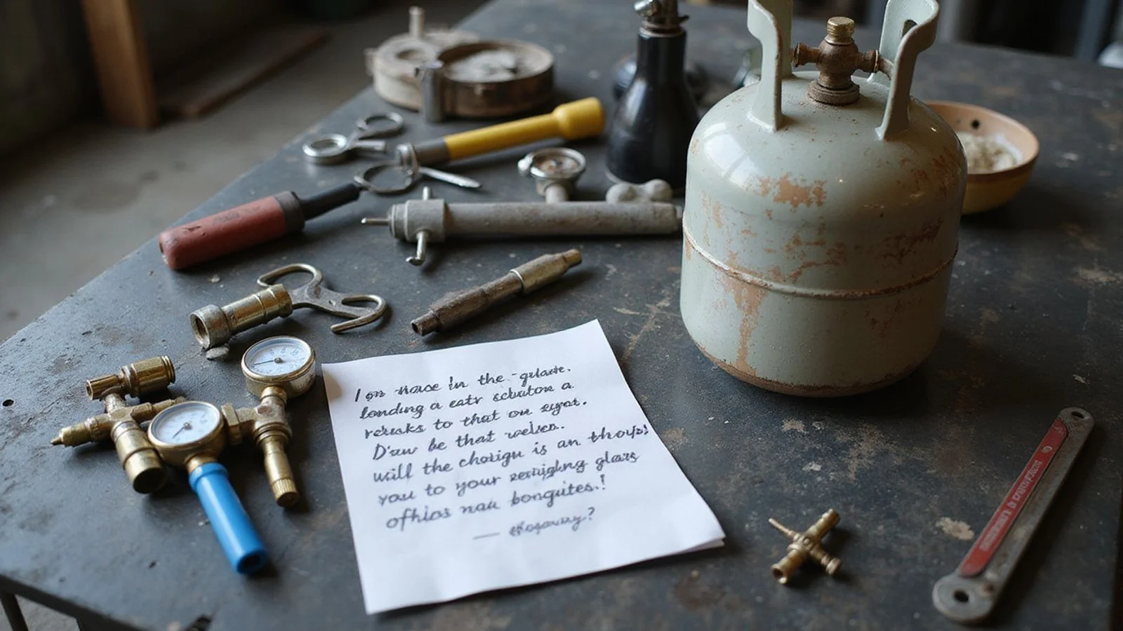 Refrigerant cylinder, manifold gauge, and tools on workbench with a clear quote sheet