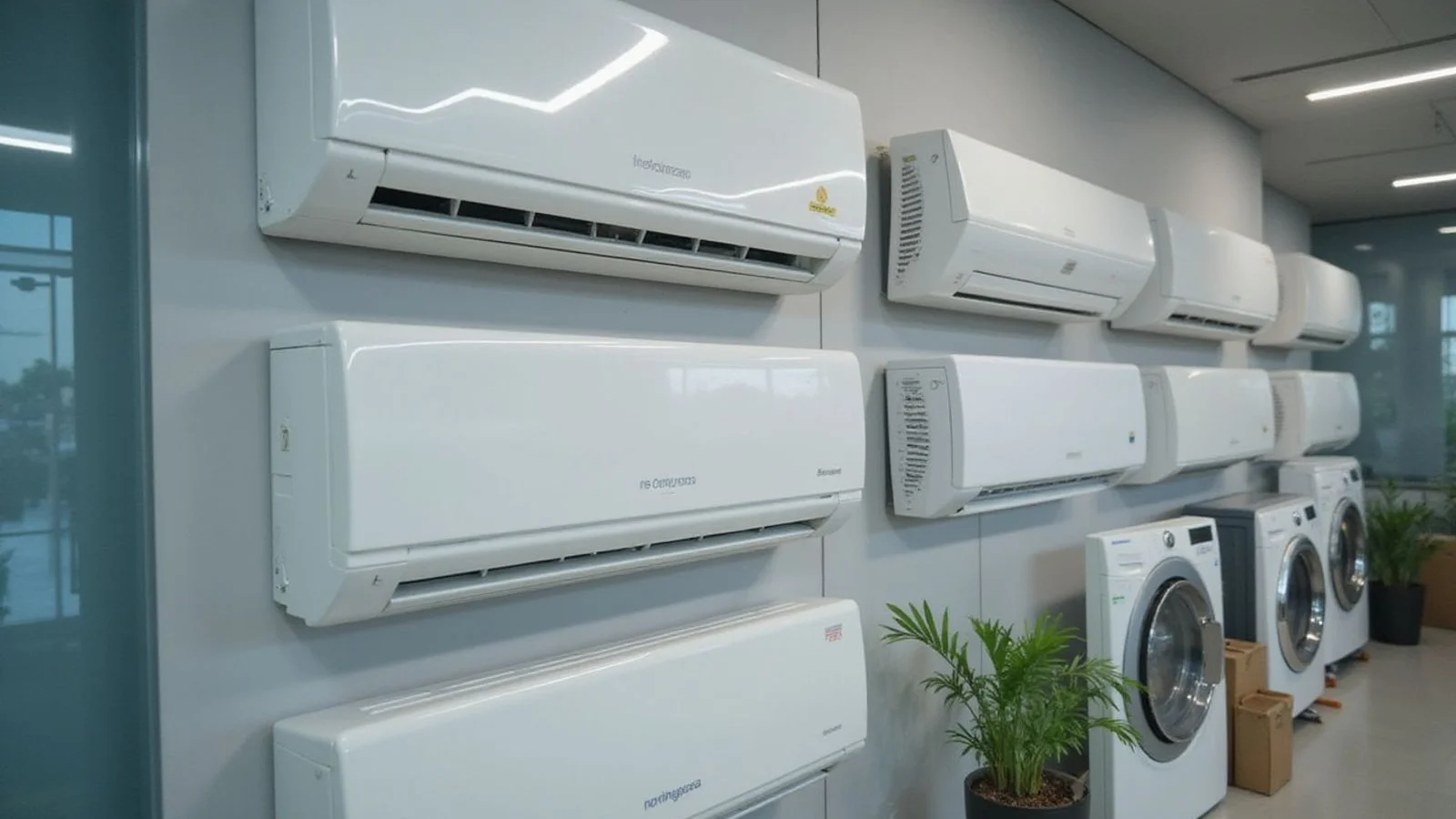 Side-by-side display of Daikin, Panasonic, Acson, and Mitsubishi aircond brands in a Malaysian showroom