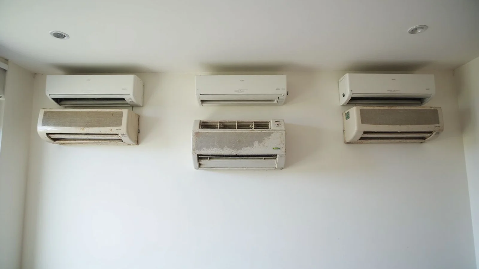 Three aircond units at different service stages side-by-side, illustrating decision moment