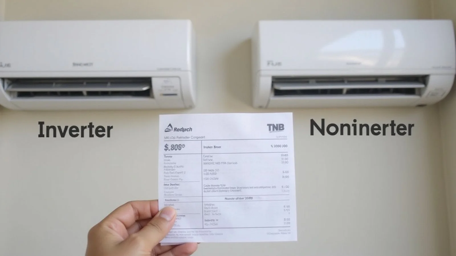 Two aircond models side-by-side labelled inverter vs non-inverter with TNB bill comparison