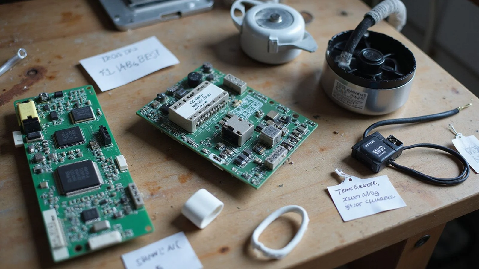 Various aircond replacement parts laid out on workbench with price tags