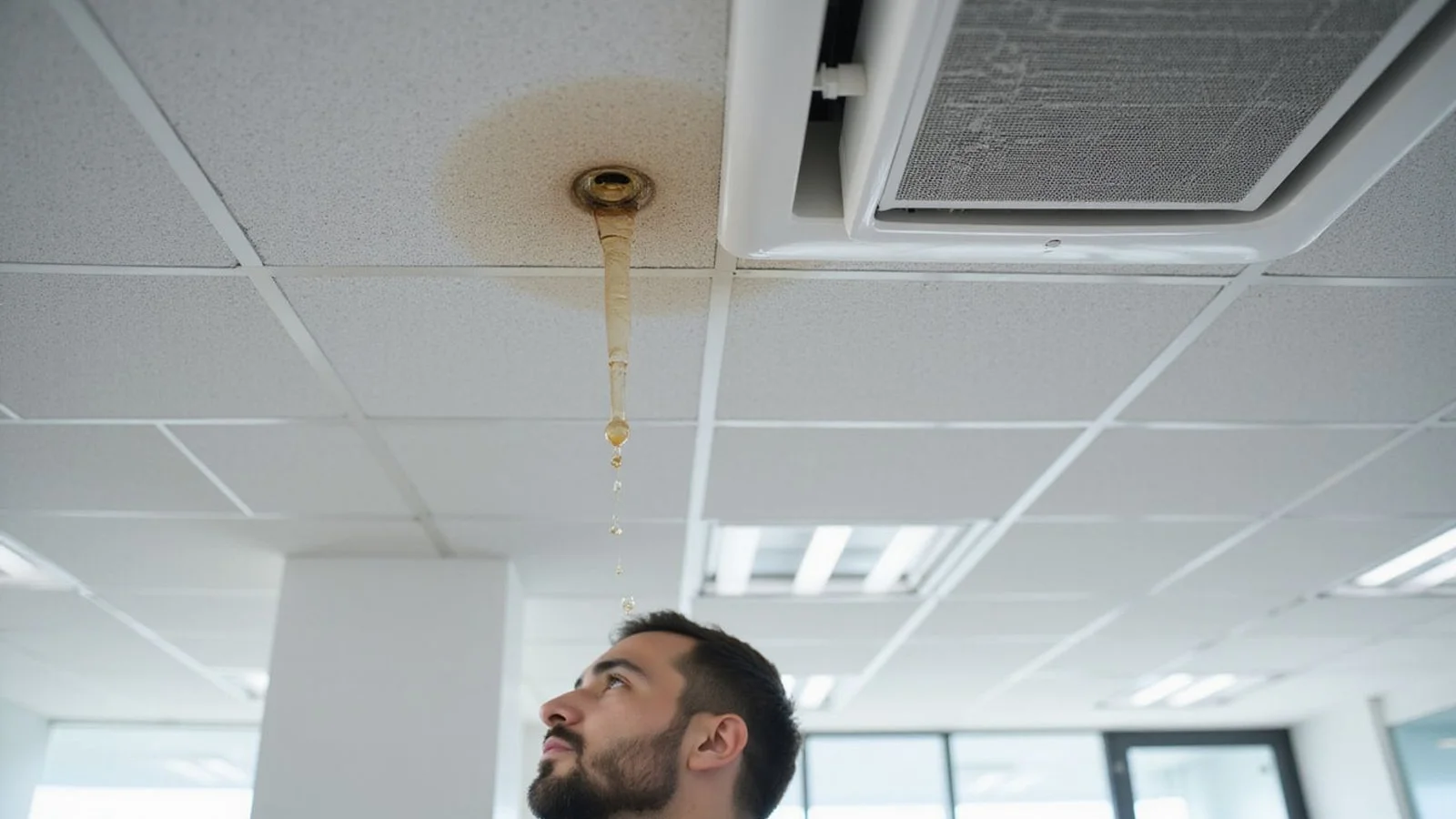 Water drip mark on office ceiling tile below cassette aircond with technician inspecting from below