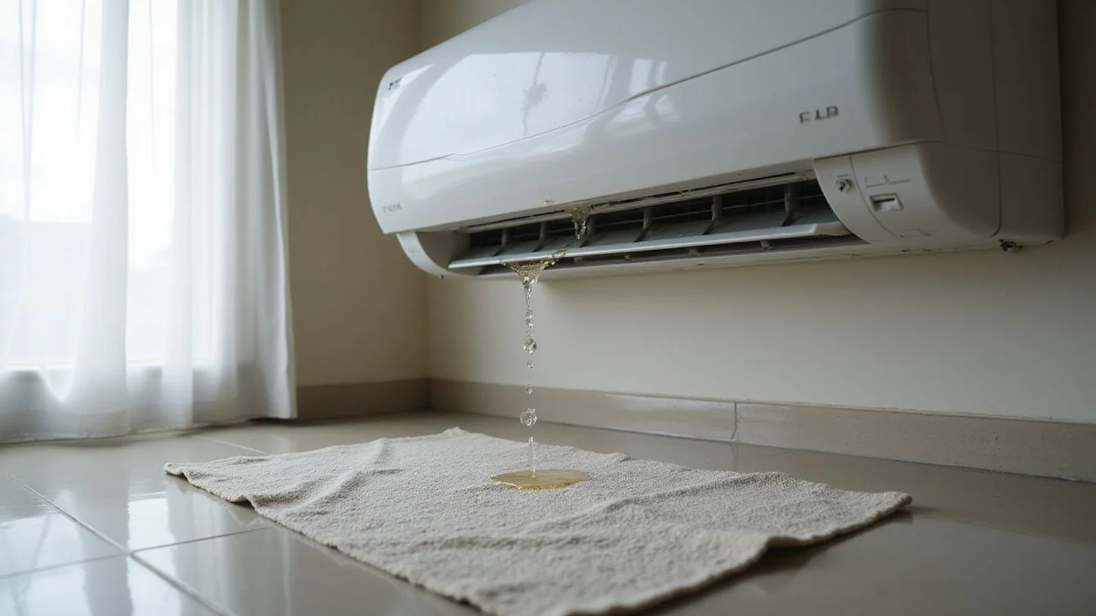 Water dripping from indoor aircond onto floor below, towel placed underneath in urgent context